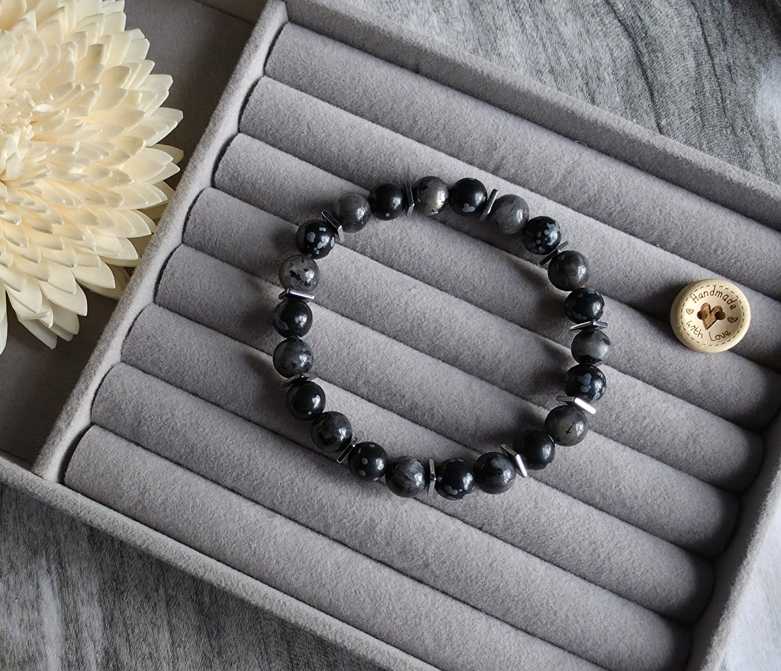 Larvikite & Snowflake Obsidian Bracelet