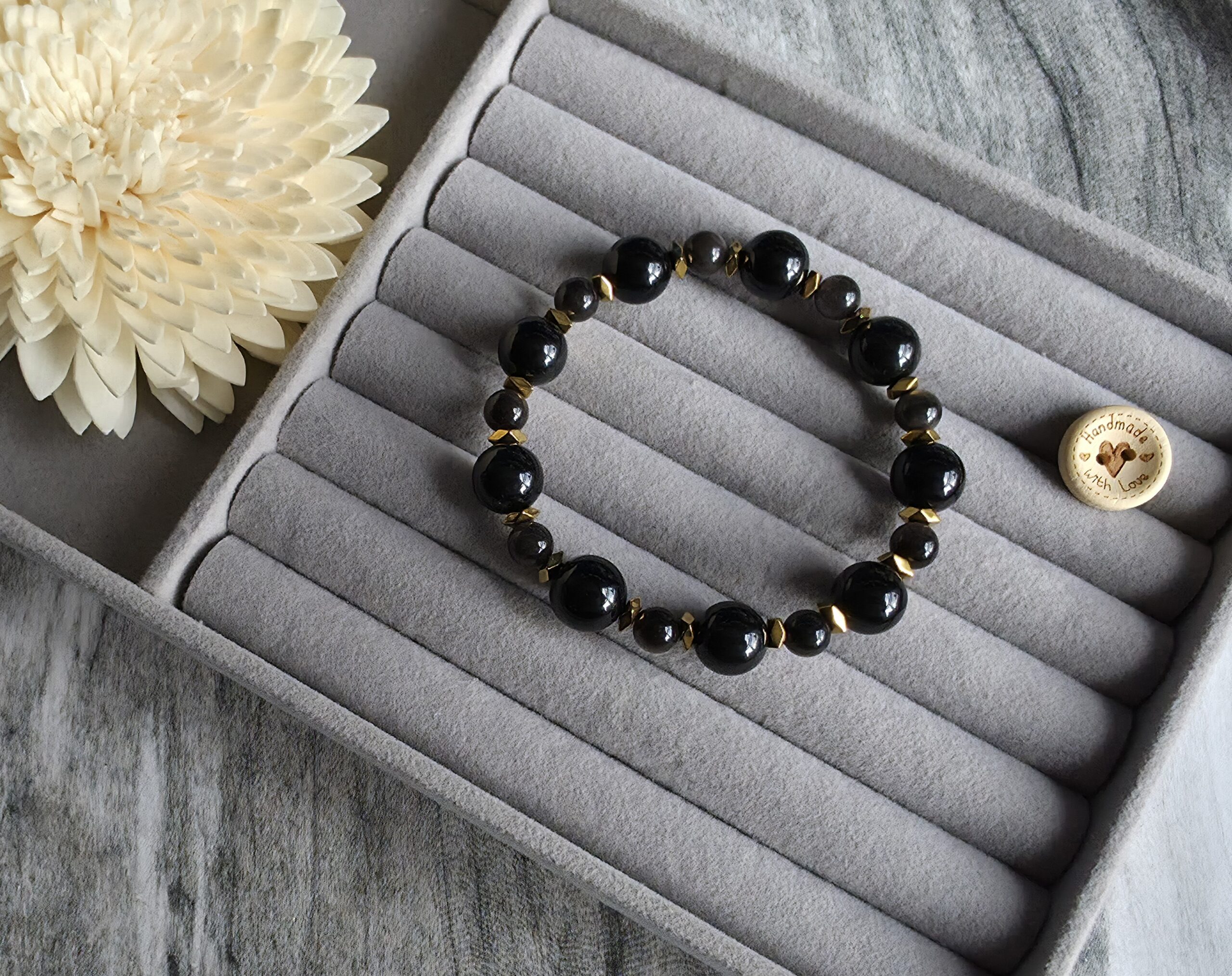Silver & Golden Sheen Obsidian Bracelet - obrazek 2