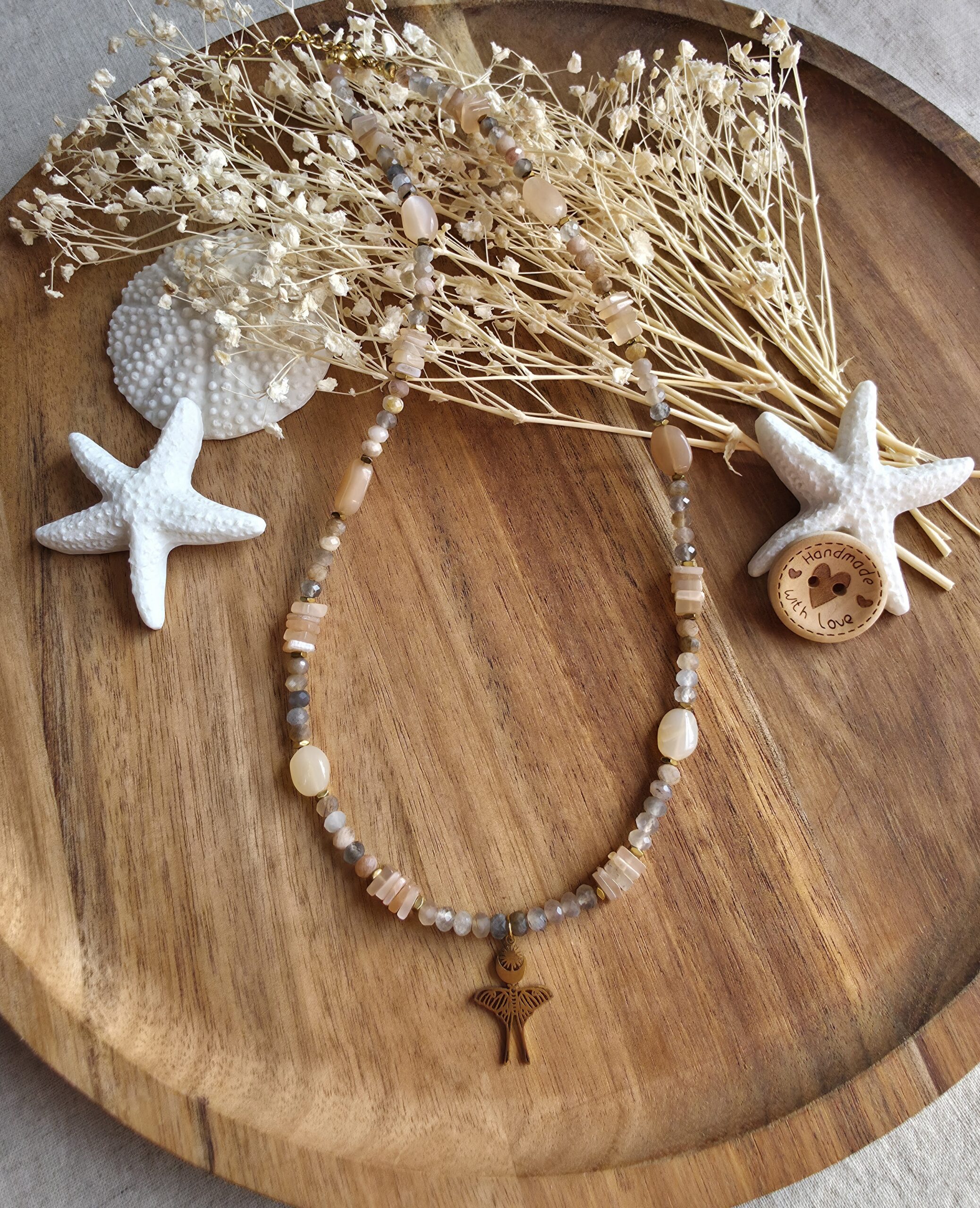 Moonstone & Sunstone Necklace with Luna Moth Pendant