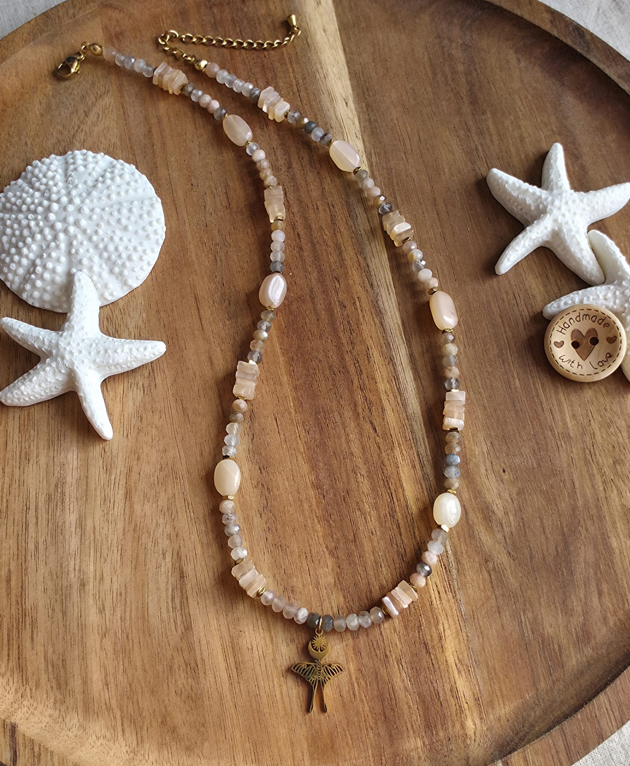 Moonstone & Sunstone Necklace with Luna Moth Pendant - obrazek 2