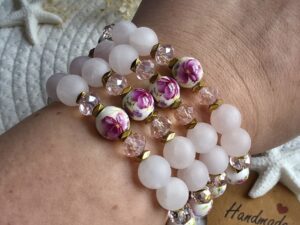 Matte Rose Quartz & Floral Ceramic Bead Bracelet
